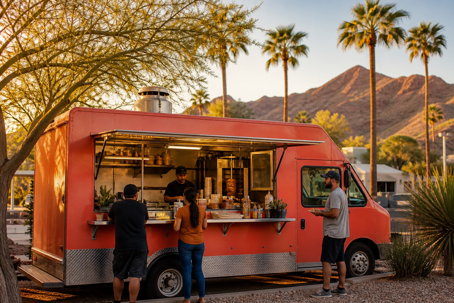 A local Phoenix food-truck vendor serving customers beneath palm trees